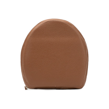 Front view of brown flat-grain leather AirPods Max case with rounded shape and stitched border