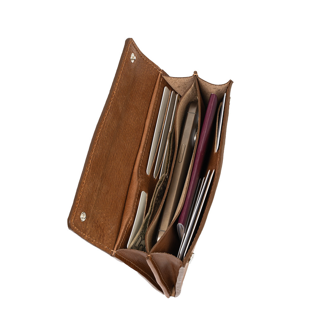 Interior View of Big Brown Leather AirTag Wallet with Filled Compartments