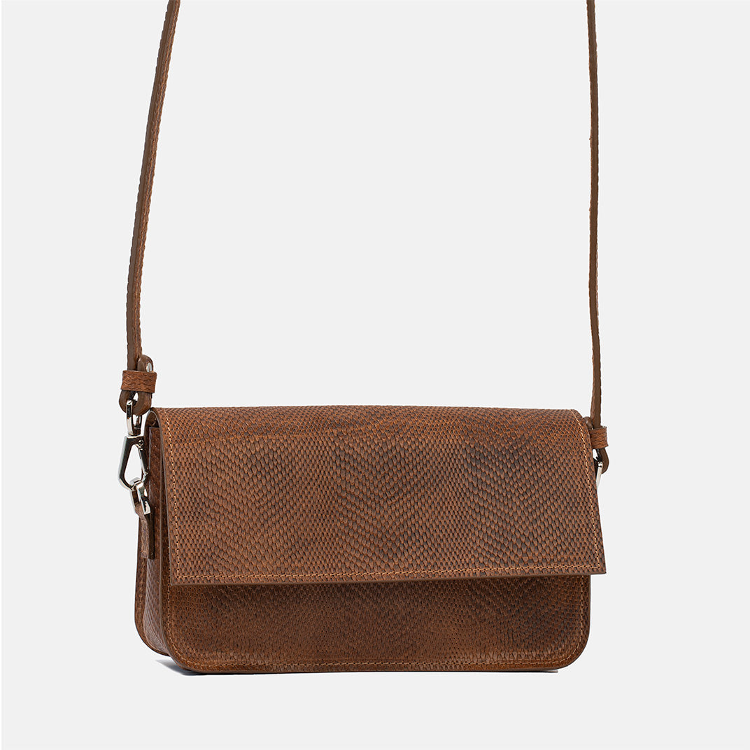 Brown snake print leather shoulder bag with structured design and adjustable strap