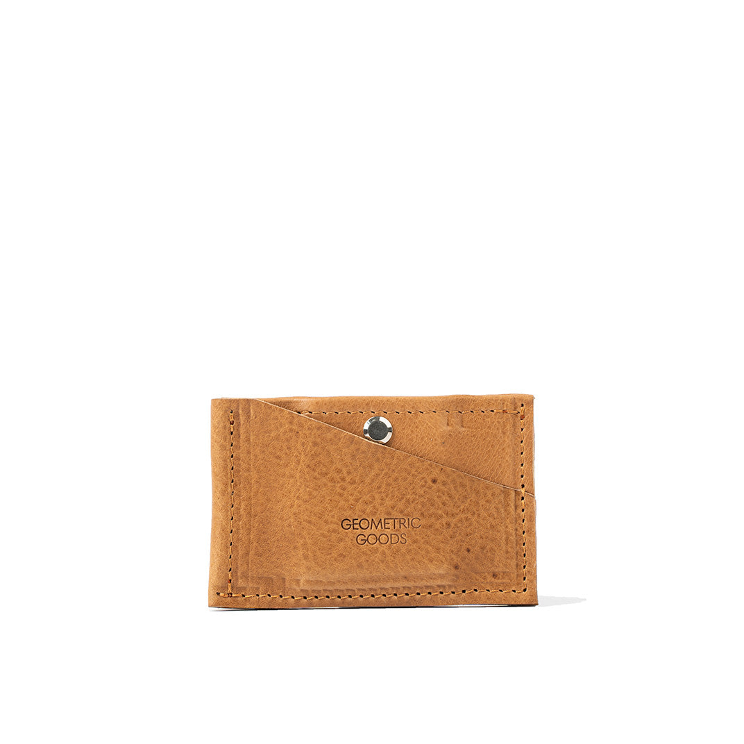 Elegant camel-colored AirTag wallet crafted from premium leather, featuring a compact design with a hidden pocket for AirTag, secure snap closure, and capacity for up to seven cards