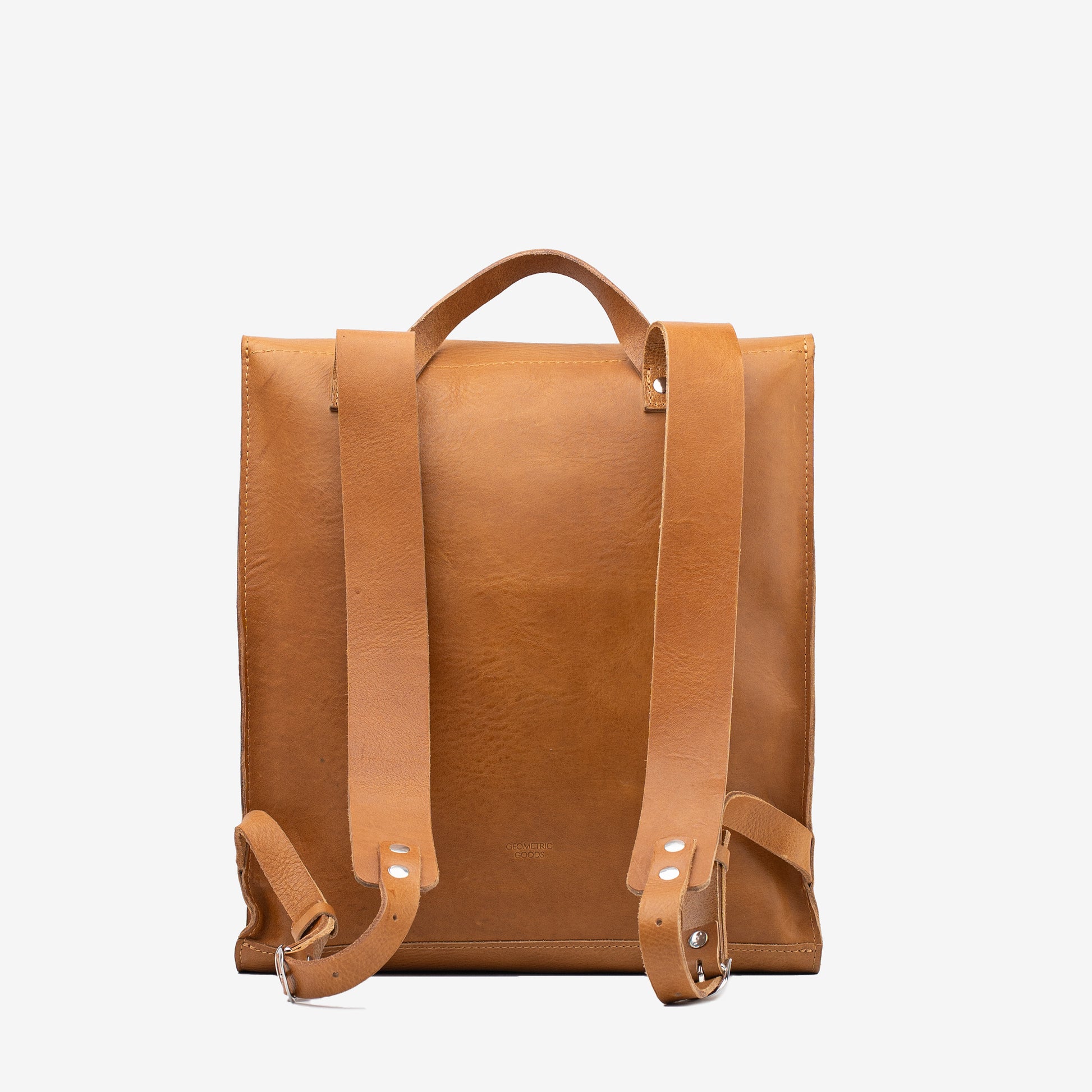 Rear view of the camel Leather Backpack – Fibonacci with two shoulder straps and a top carry handle