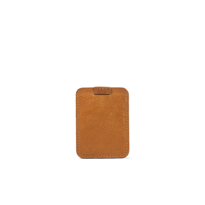 Slim minimalist camel leather cardholder with pull tab for easy access to credit cards