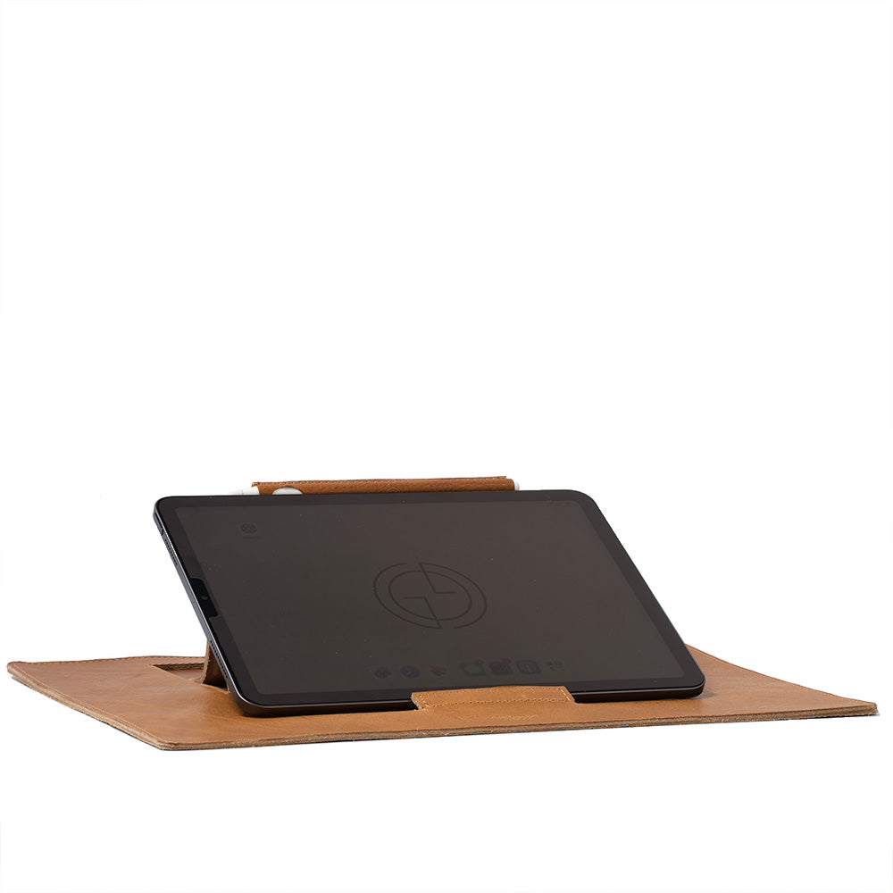 light brown camel color smart Leather Desktop Mat for iPad by Geometric Goods, photo with stand iPad