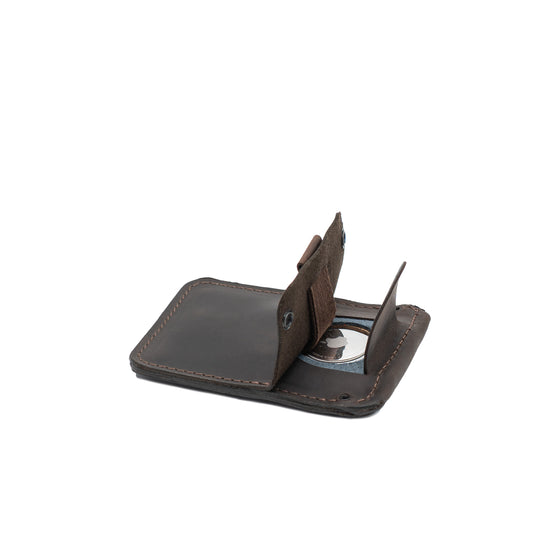Chocolate brown Leather Wallet for AirTag – The Minimalist 1.0 open to show the hidden AirTag compartment
