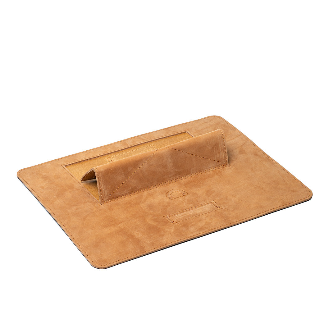 Desktop iPad dock in velour sand leather – minimalist tablet stand with five adjustable angles