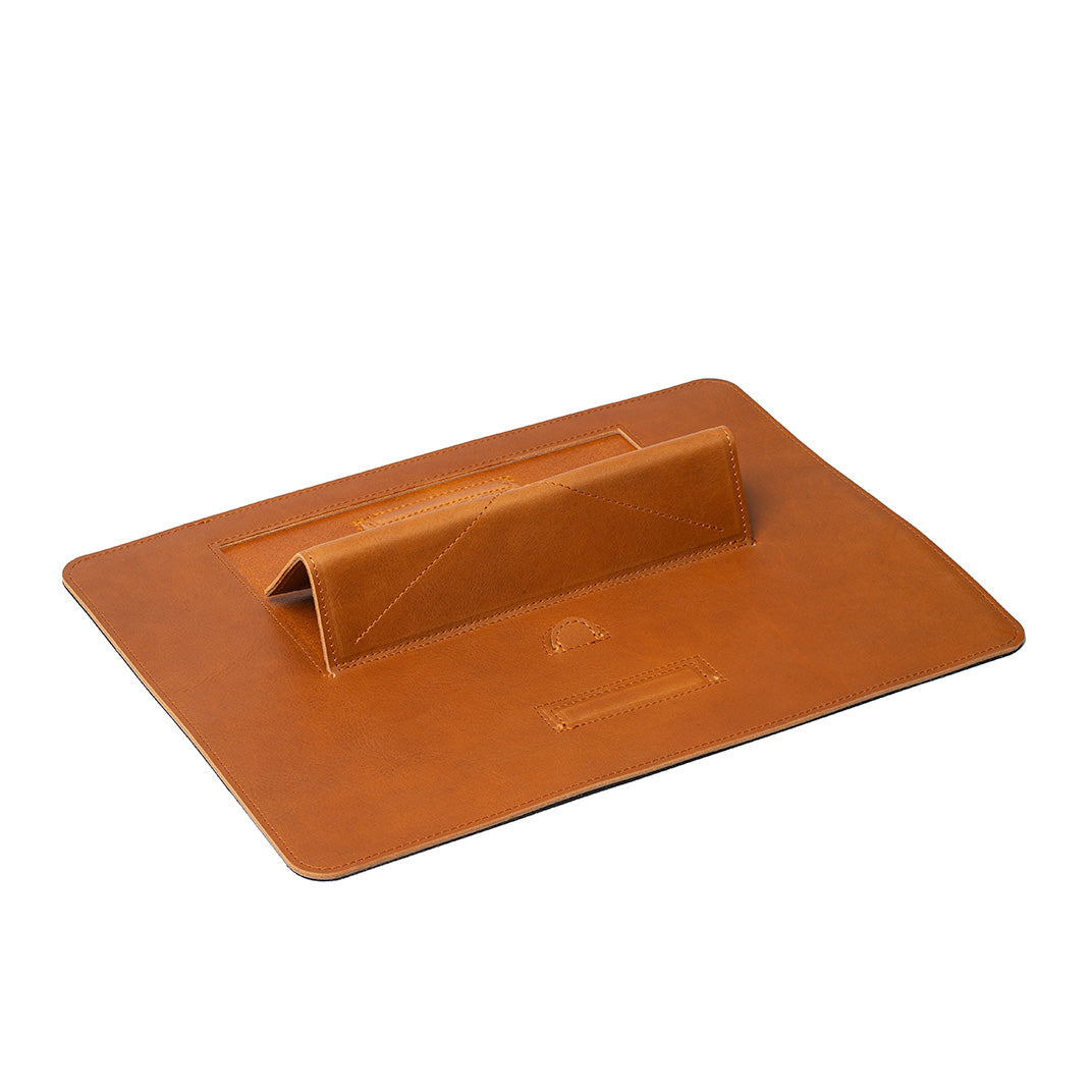 Desktop iPad stand in tan Italian leather – premium tablet holder with five adjustable viewing positions