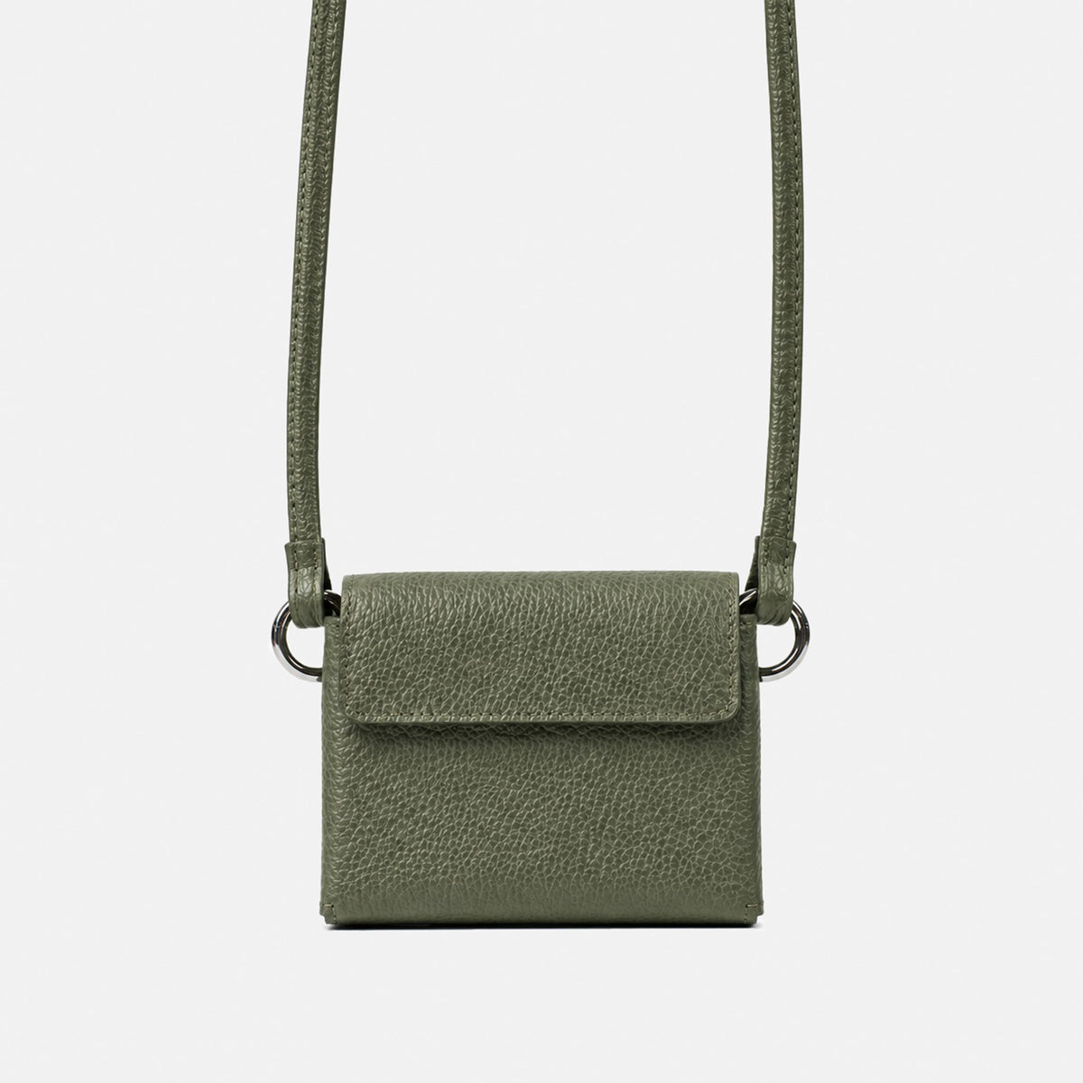 Olive green DUO Sleeve 1.0 in Italian pebbled leather with matching shoulder strap