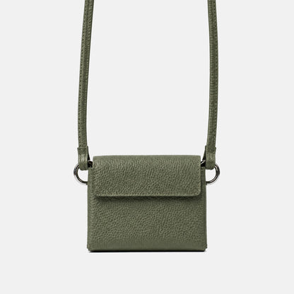 Olive green DUO Sleeve 1.0 in Italian pebbled leather with matching shoulder strap