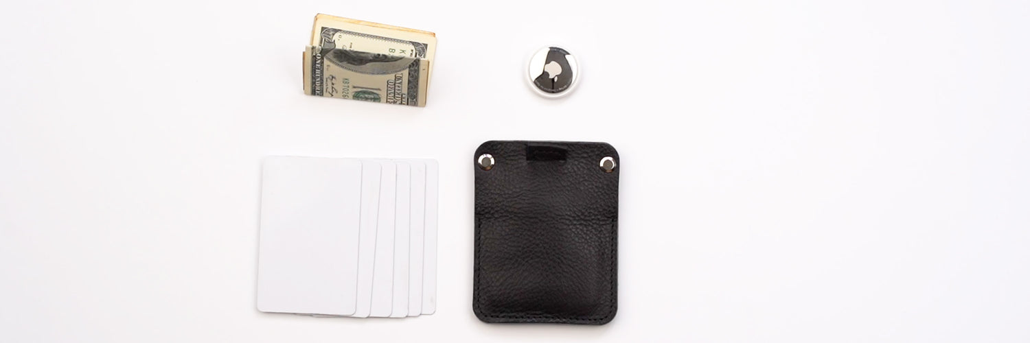 black men's and women's minimalist airtag wallet holds up to 7 cards and apple's air tag in a secret slot