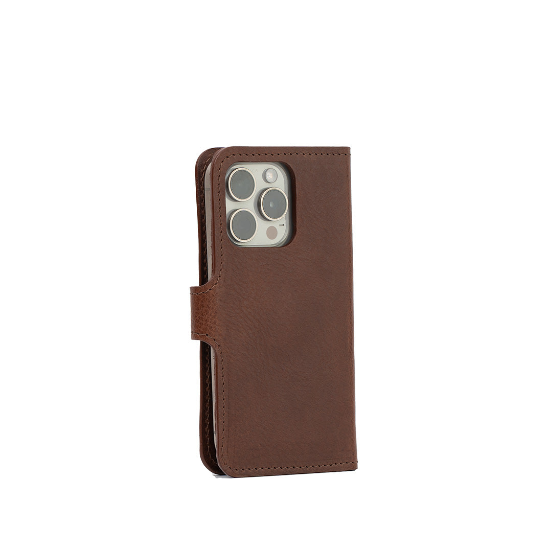 folio case for iPhone 16 pro max in chocolate brown leather color back view