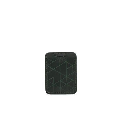 Designer forest green leather cardholder with a unique geometric engraving pattern and detailed stitching