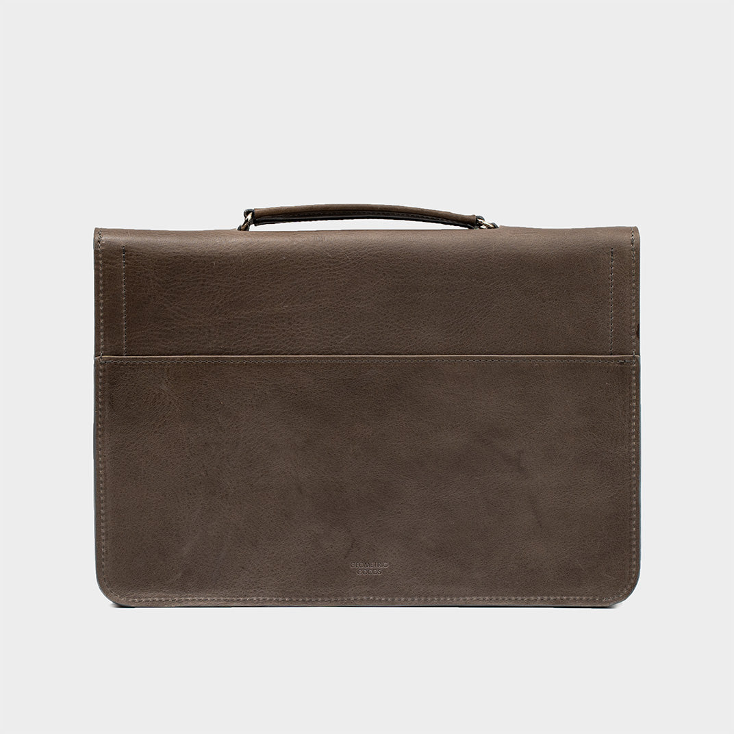 Back view of the professional gray leather briefcase, displaying the exterior slip pocket for easy access and fine stitching, ideal for stylish and functional business travel.