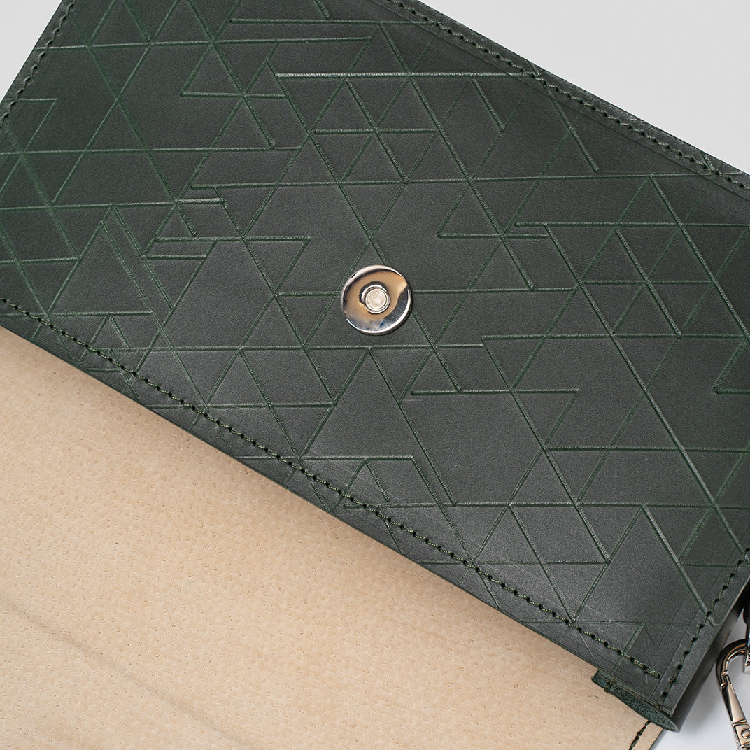 Close-up of the secure clasp detail on a dark green geometric-patterned shoulder bag.