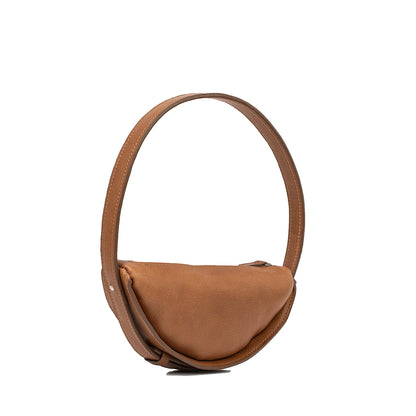 Handcrafted brown leather half-moon bag with a smooth surface and sturdy zipper