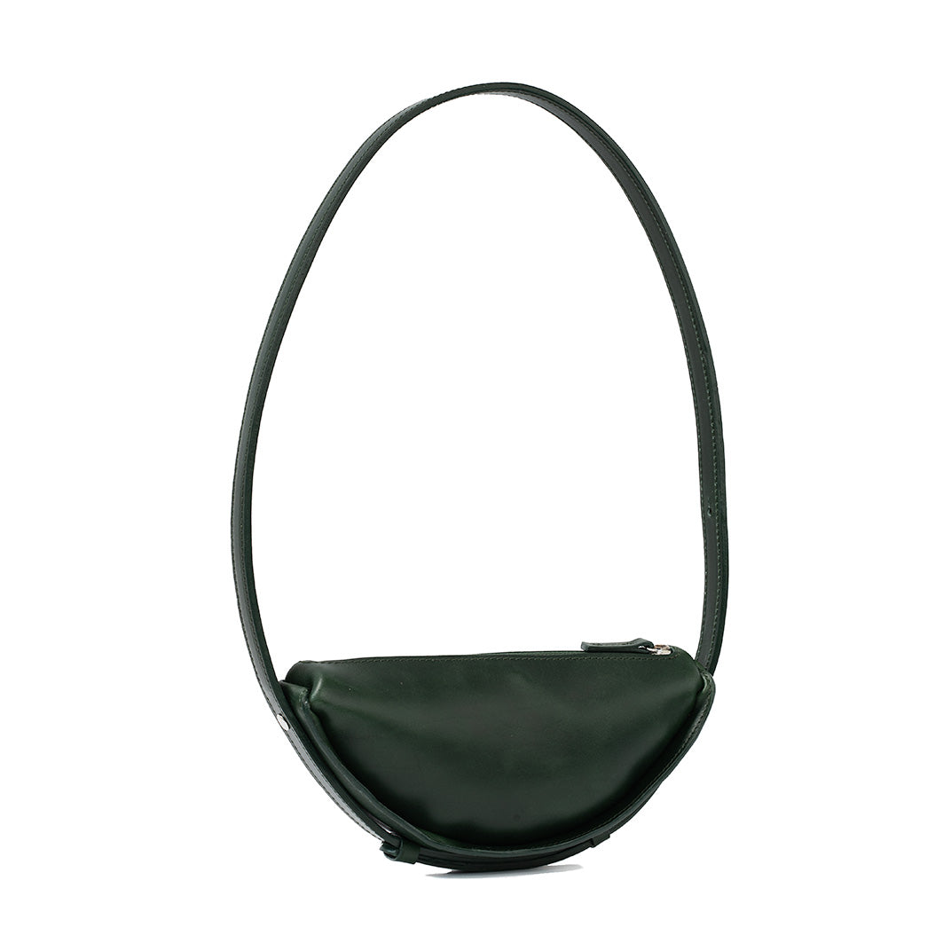 Shoulder bag crafted as a half moon bag in rich green leather, displaying the unique crescent bag shape ideal for fashion-forward looks