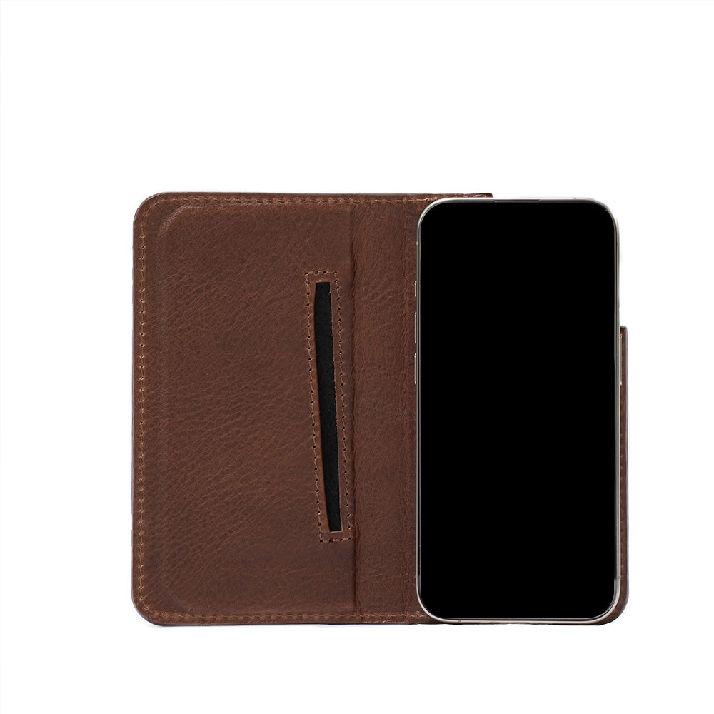 Flip-case with MagSafe for iPhone 15 Pro Max - The Minimalist 3.0, made by Geometric Goods in dark brown (mahogany) color