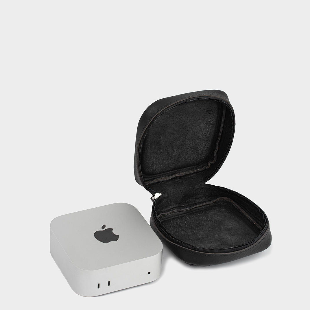 Interior view of the case, showing the suede lining crafted to prevent scratches on the Mac Mini.