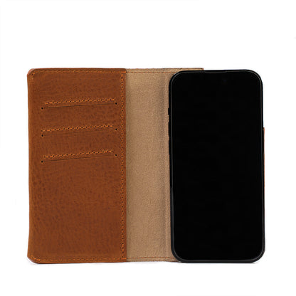 Tan leather iPhone 16 case wallet with folio design, The Minimalist 1.0, equipped with MagSafe and featuring multiple card slots