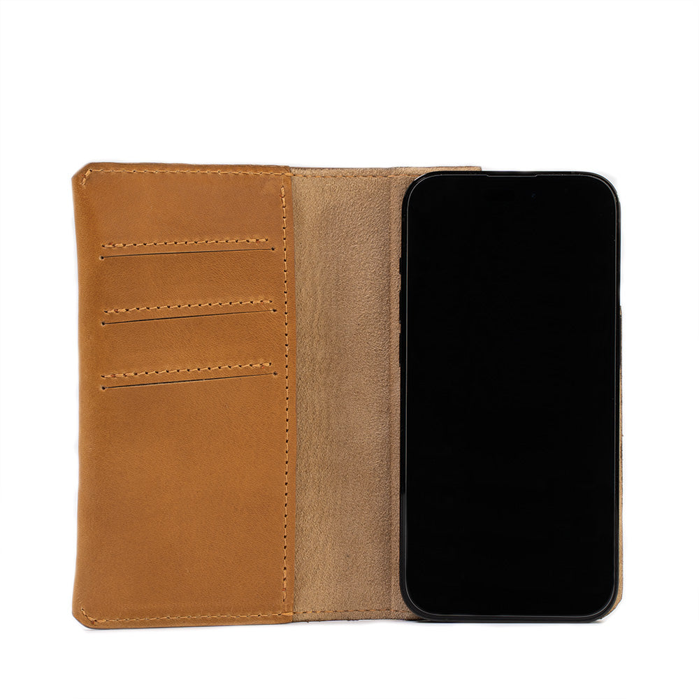 Camel iPhone 16 folding folio case wallet with MagSafe, The Minimalist 1.0, showcasing card slots and premium microfiber lining