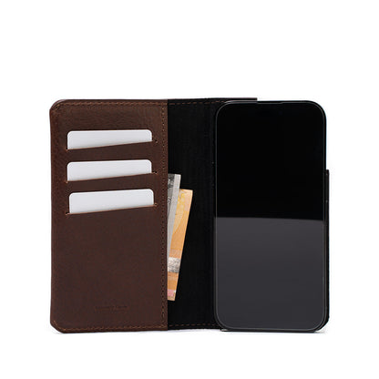 Interior view of the mahogany iPhone 16 folding folio case wallet, The Minimalist 1.0, displaying card slots and bill storage