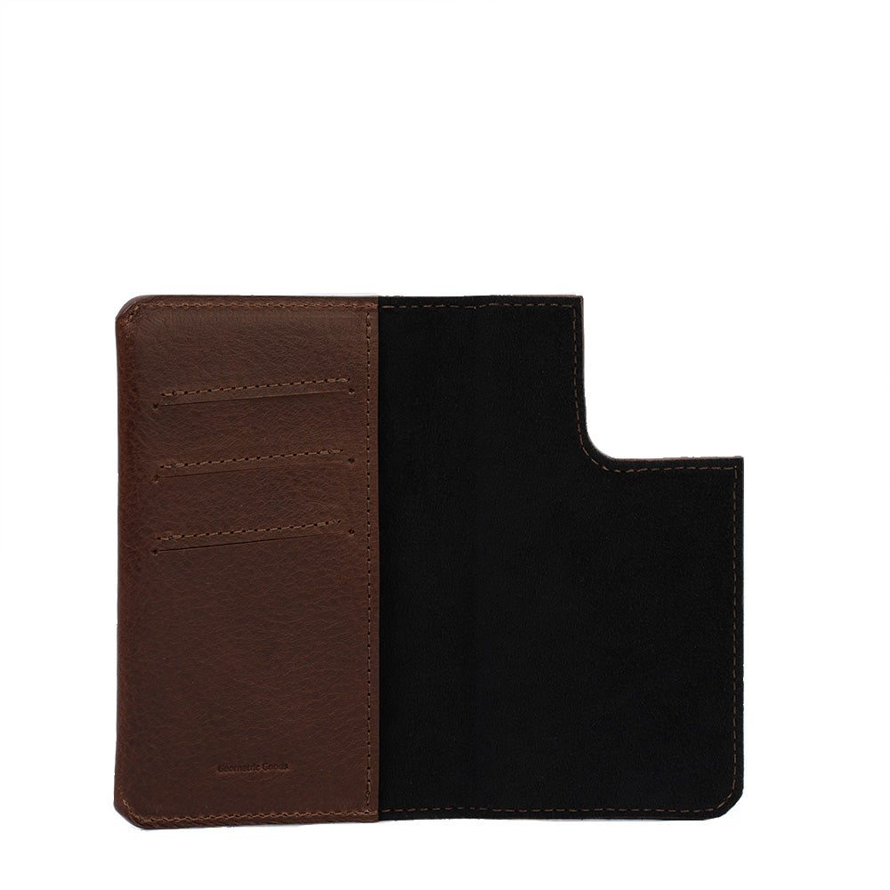 Mahogany iPhone 16 folio case with folding design, The Minimalist 1.0, featuring MagSafe and integrated card slots