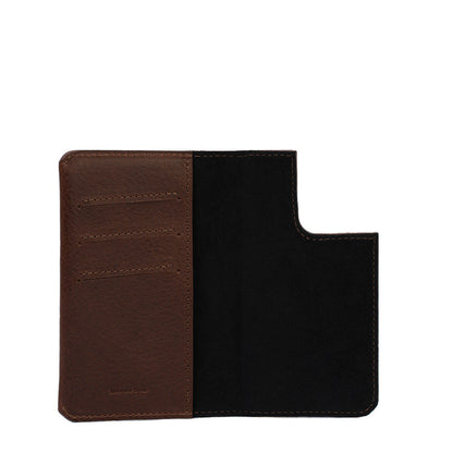 Mahogany iPhone 16 folio case with folding design, The Minimalist 1.0, featuring MagSafe and integrated card slots