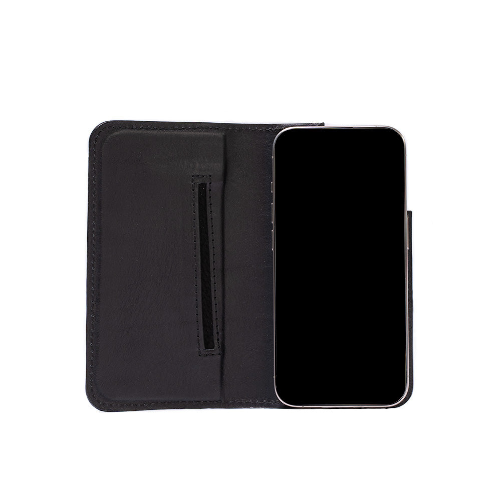 Black iPhone 16 folding folio case wallet, The Minimalist 3.0, with single card slot and MagSafe compatibility