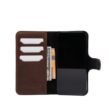 Open view of mahogany iPhone 16 folio wallet case with MagSafe, Classic 4.0, showing card slots and cash pocket with magnetic strap closure