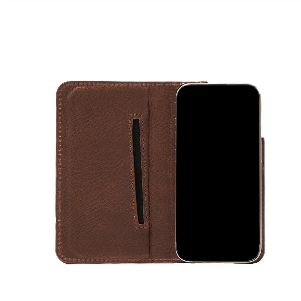 Mahogany iPhone 16 case wallet folio, The Minimalist 3.0, with single card slot and MagSafe support, displayed in open view