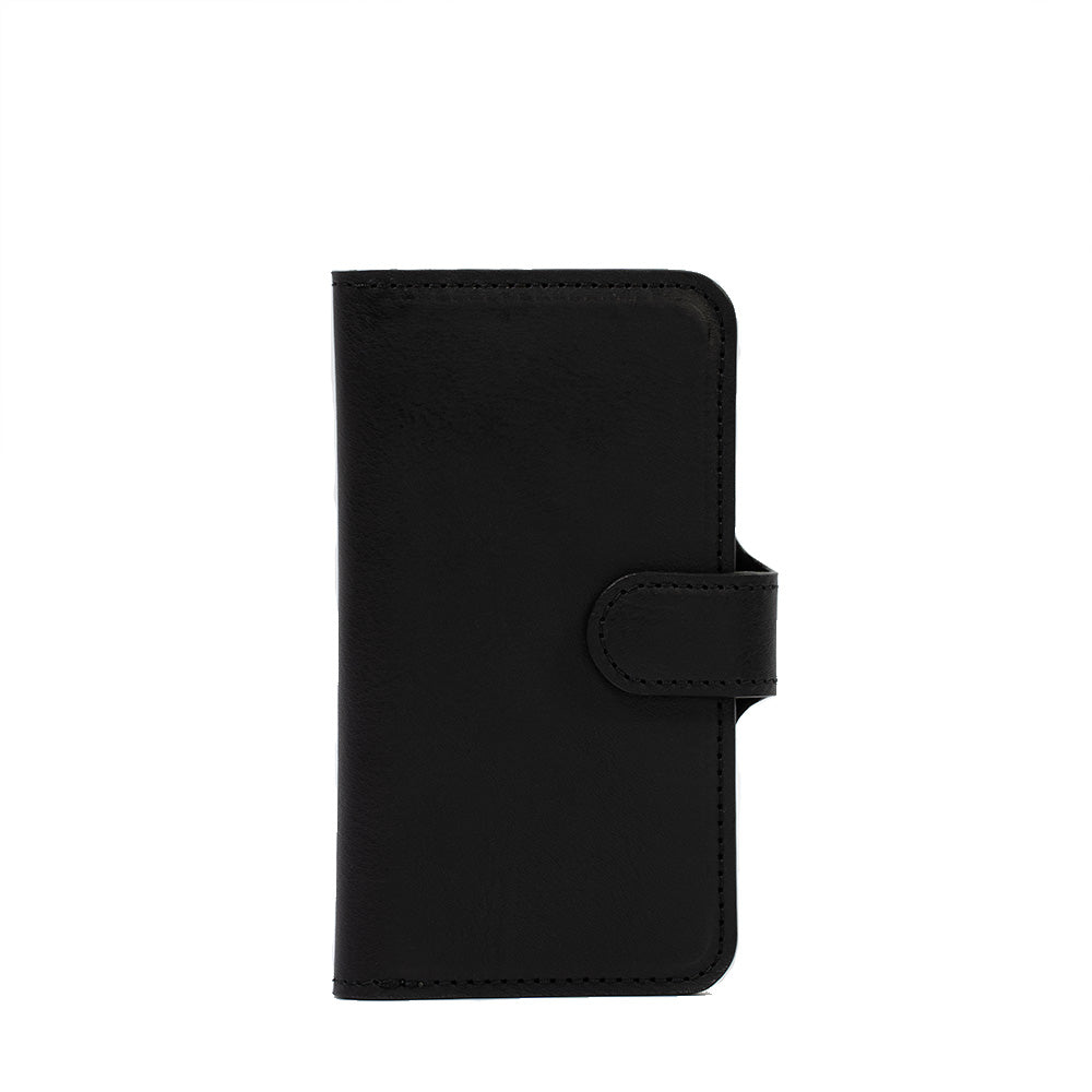 Black iPhone 16 leather case wallet with magnetic strap closure, Classic 4.0, front view