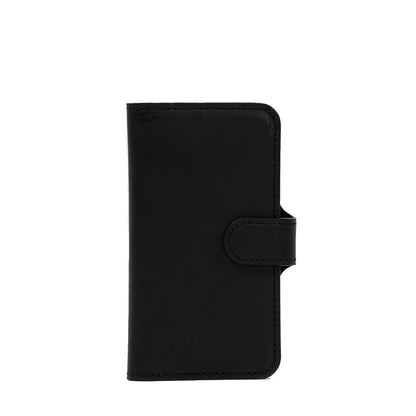 Black iPhone 16 leather case wallet with magnetic strap closure, Classic 4.0, front view