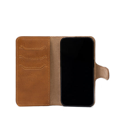 Open view of camel iPhone 16 leather folio case wallet, Classic 4.0, with card slots and magnetic strap closure