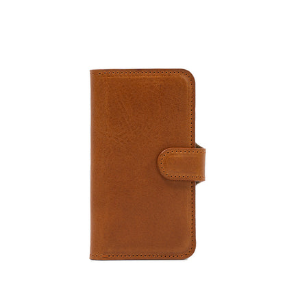 Front view of tan iPhone 16 leather folio case wallet, Classic 4.0, featuring magnetic strap closure