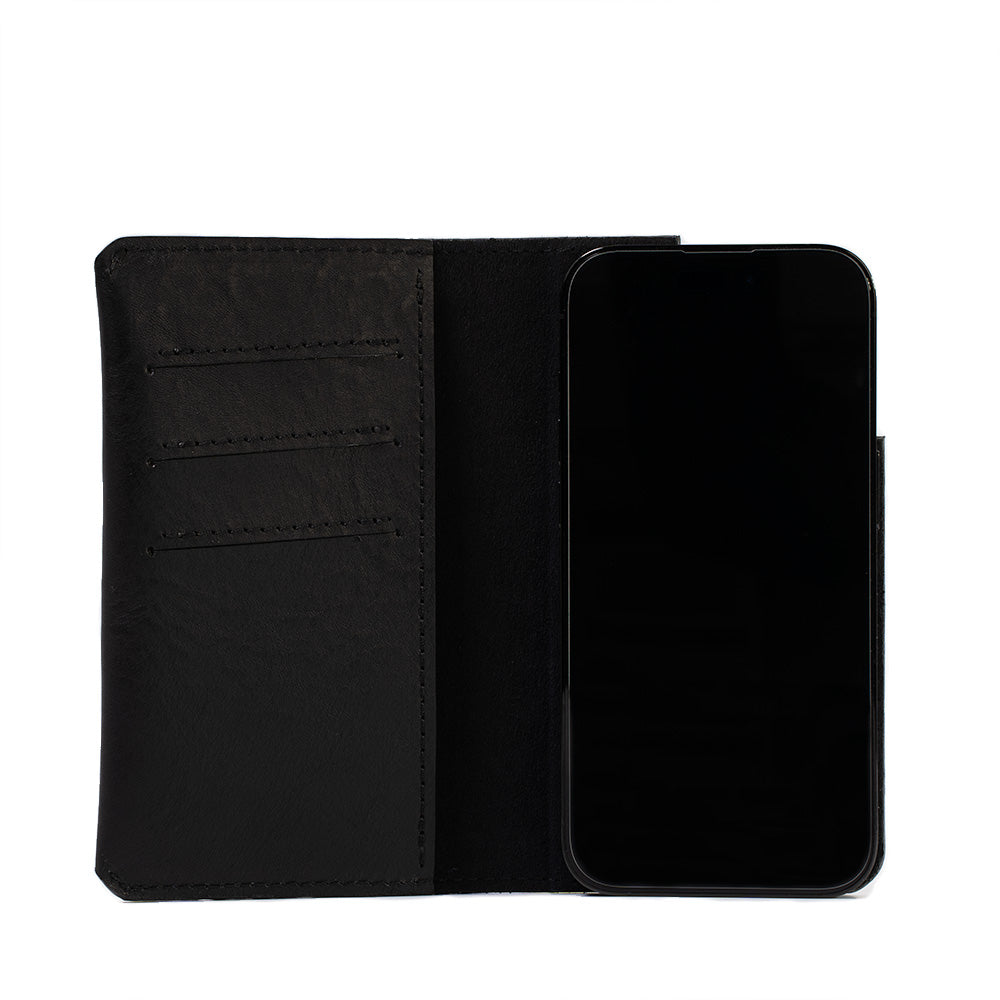 iPhone 16 series leather folio case wallet in black with MagSafe, The Minimalist 1.0, featuring card slots and microfiber lining