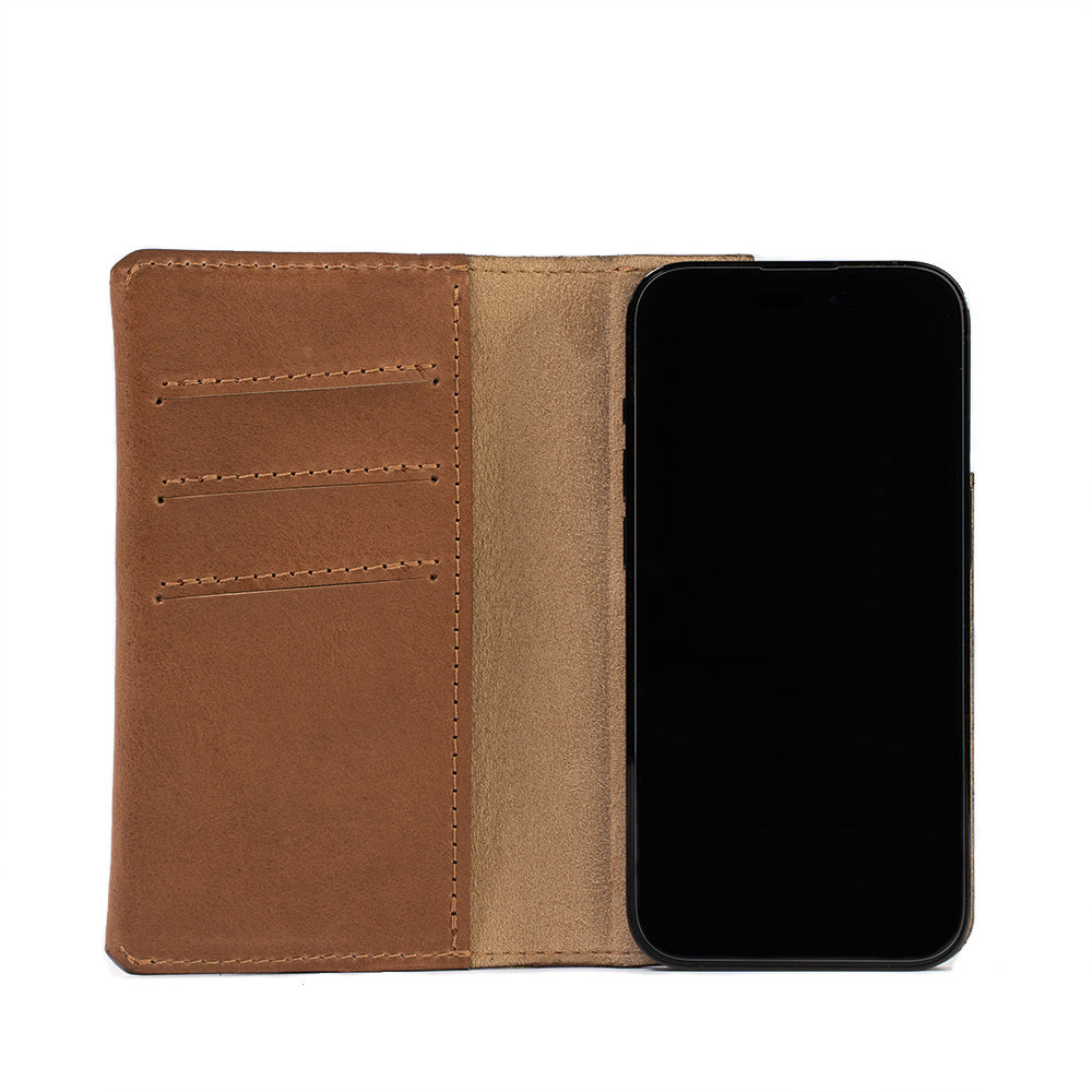 iPhone 16 series tan leather folio case wallet with MagSafe, The Minimalist 1.0, featuring card slots and protective microfiber lining