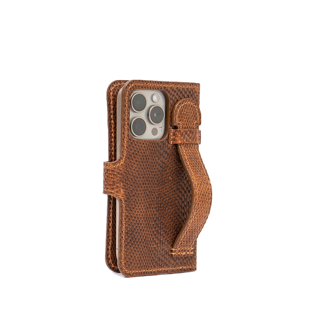 iphone 16 pro folio case with grip in brown snake print color