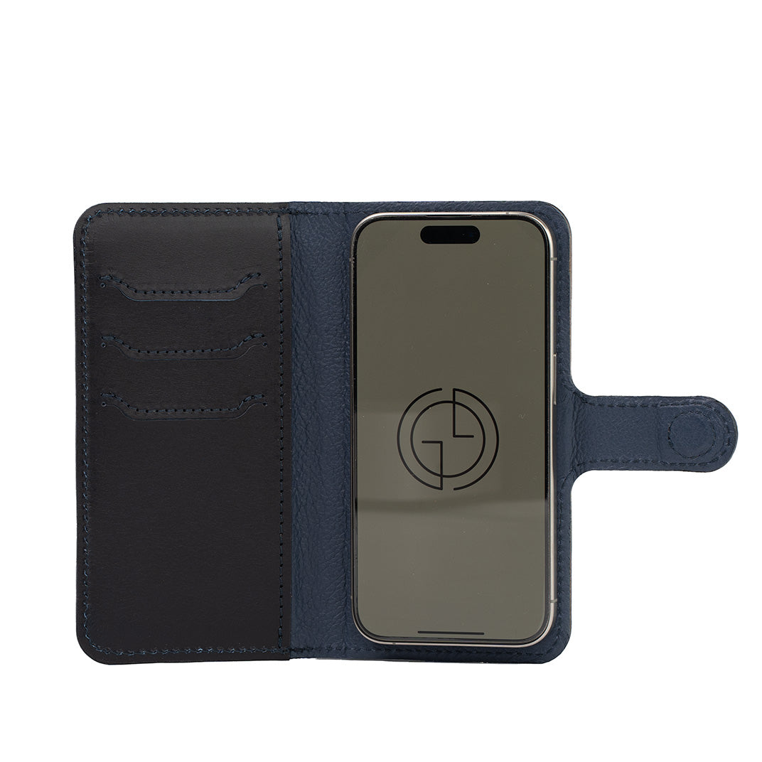 iphone 16 pro folio case in navy blue color unfolded view