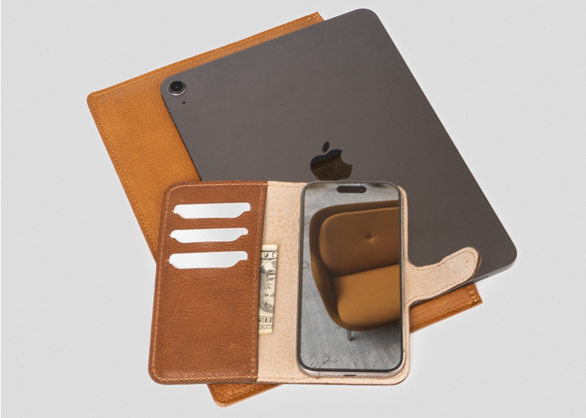 iPhone 16 Folio Case Wallet in brown color placed on iPad