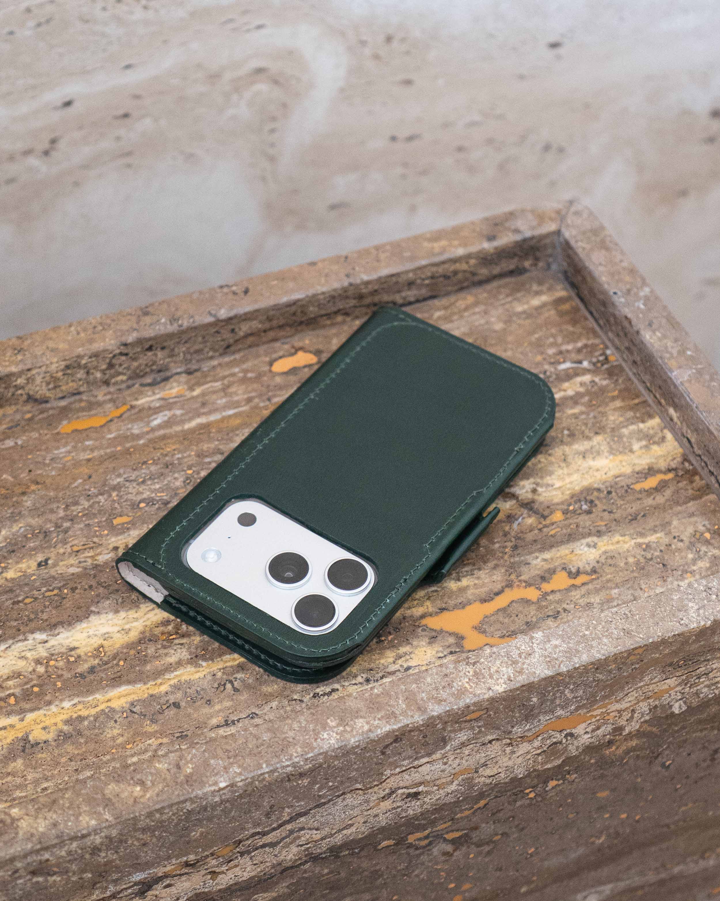iPhone 17 leather folio wallet case with MagSafe Classic 5.0 bedside view