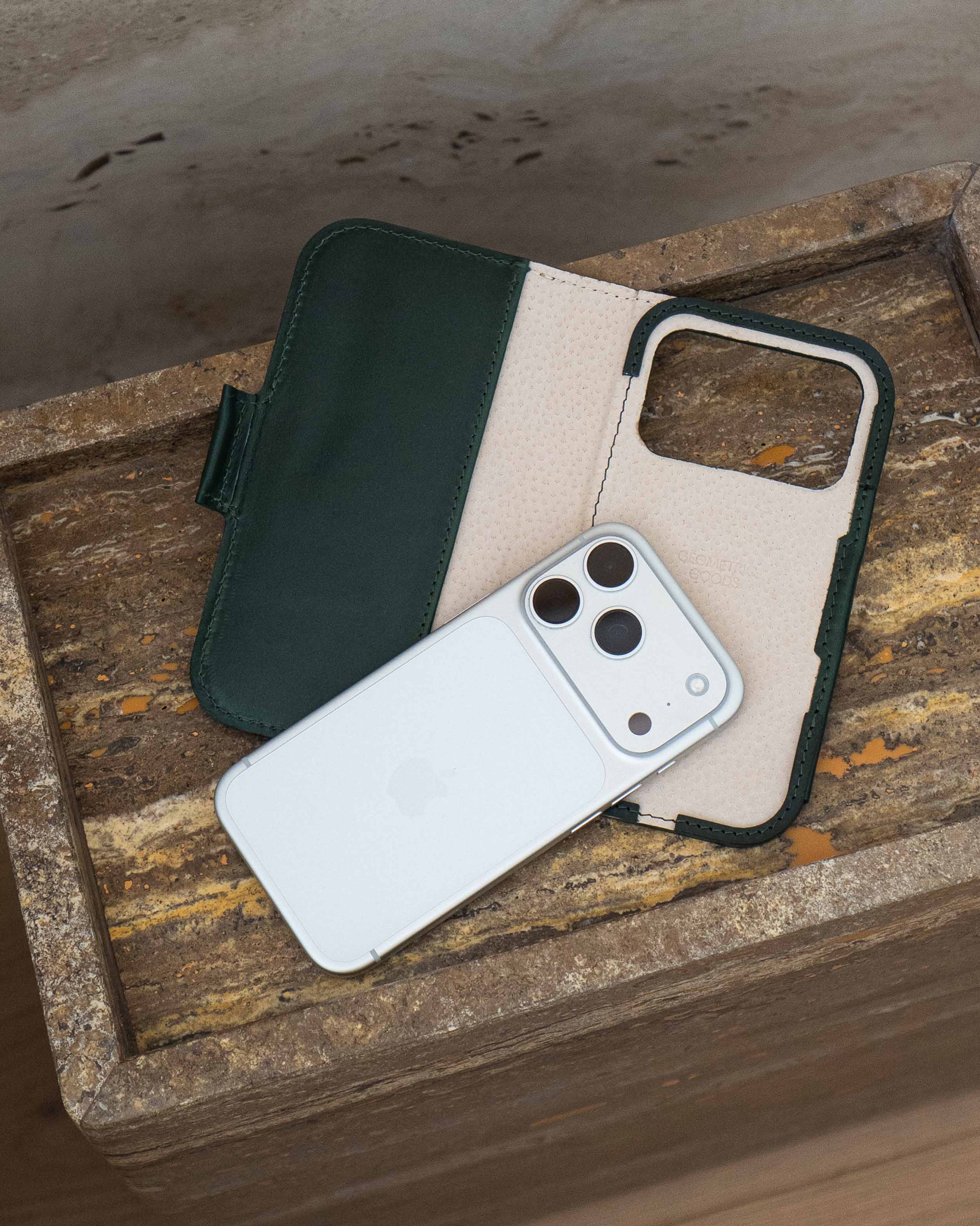 iPhone 17 leather folio wallet case with MagSafe Classic 5.0 open view