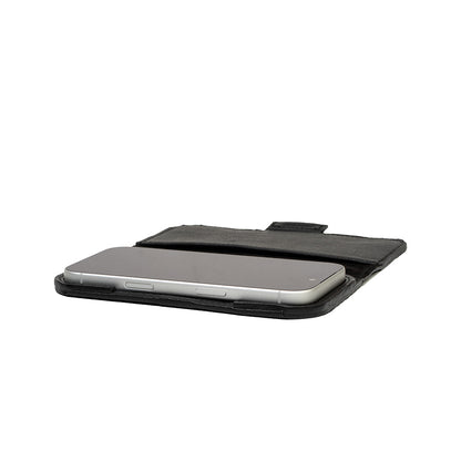 Open iPhone 17 leather folio wallet case with MagSafe, black Italian leather with phone inside, side angle view