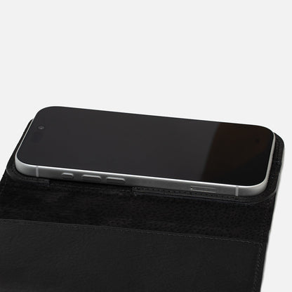 Black Classic 5.0 folio wallet for iPhone 18 Pro and Pro Max showing the soft suede lining