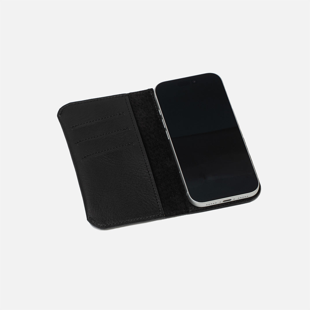 Open black Minimalist 1.0 leather folio wallet with card slots for iPhone 18 Pro and Pro Max
