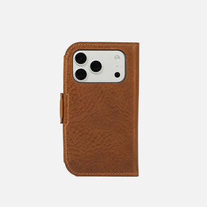 Brown Classic 5.0 leather folio wallet for iPhone 18 Pro and Pro Max, closed back view