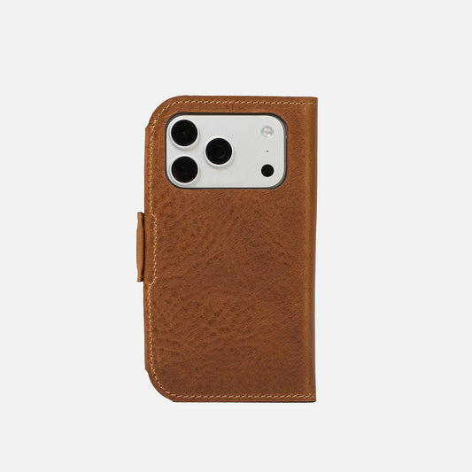 Brown Classic 5.0 leather folio wallet for iPhone 18 Pro and Pro Max, closed back view