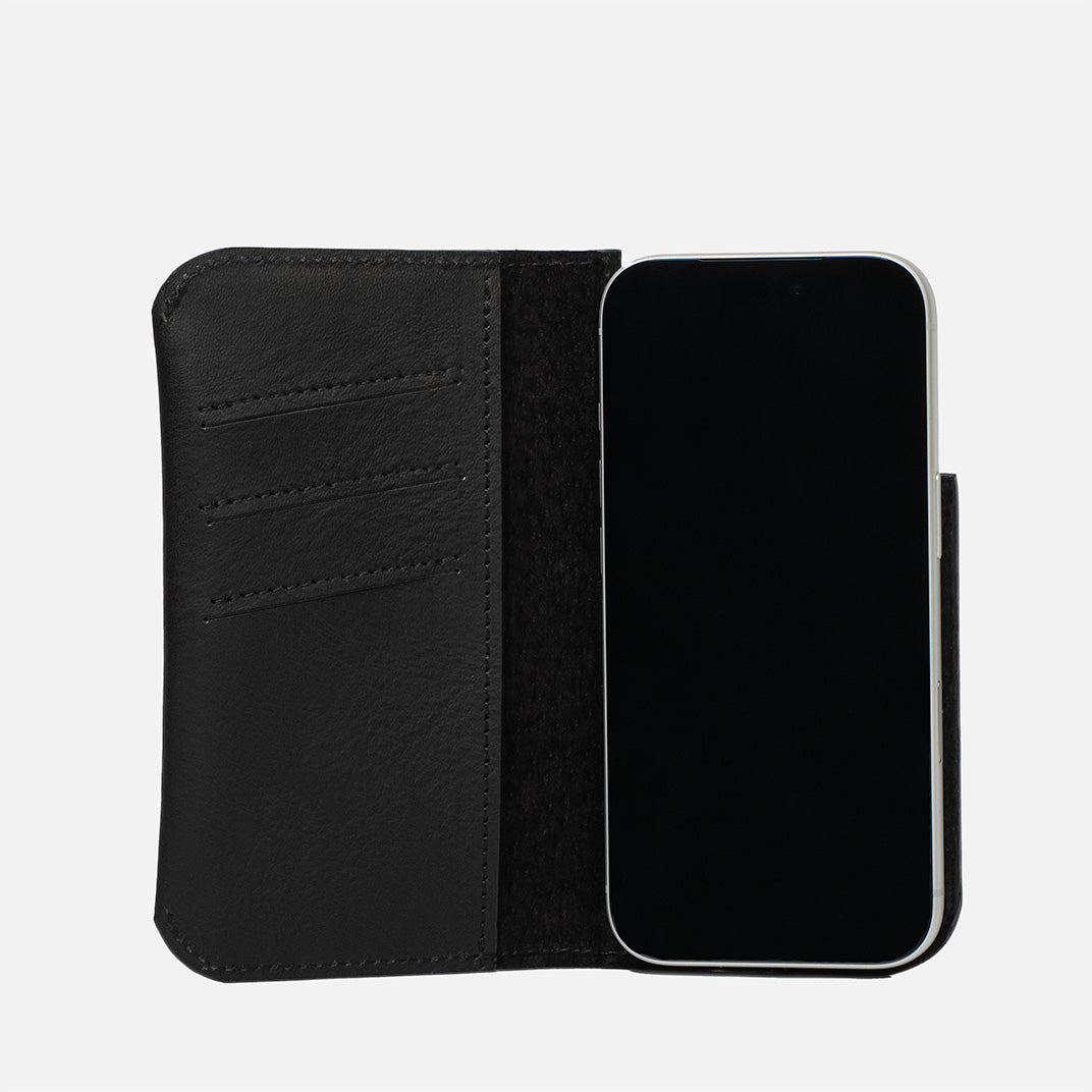 Open black Minimalist 1.0 MagSafe folio wallet with three card slots for iPhone 18 Pro and Pro Max