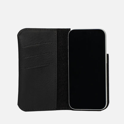 Open black Minimalist 1.0 MagSafe folio wallet with three card slots for iPhone 18 Pro and Pro Max
