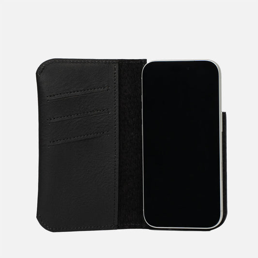 Open black Minimalist 1.0 MagSafe folio wallet with three card slots for iPhone 18 Pro and Pro Max