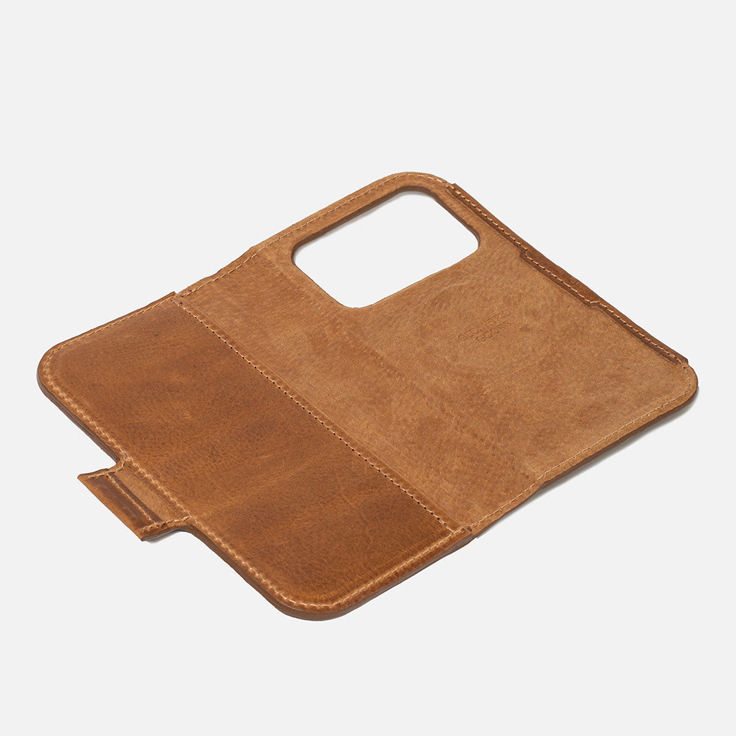 Open brown leather Classic 5.1 MagSafe folio wallet for iPhone 18 Pro and Pro Max
