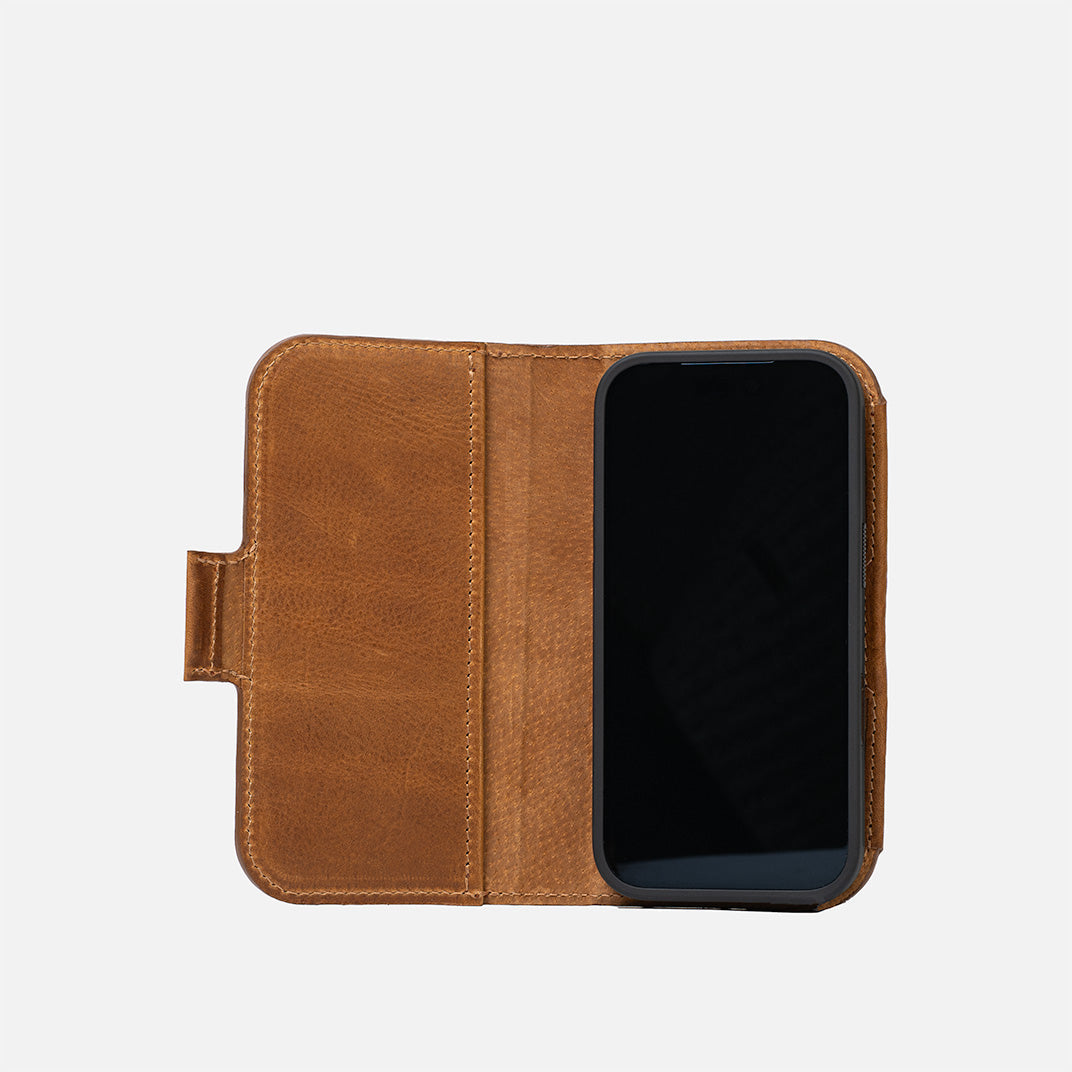 Open brown Classic 5.1 MagSafe folio wallet with card pocket for iPhone 18 Pro and Pro Max